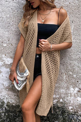 Cardigan camel ouvert sur le devant en maille pointelle à manches chauve-souris-A WOMAN WE LOVE
