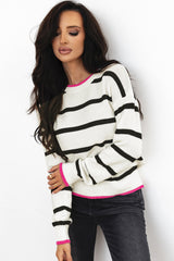 White striped crew neck sweater with contrasting dropped shoulders