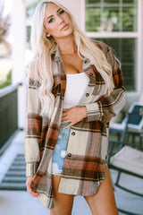Long brown checked jacket with flap pockets