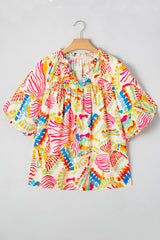 Chemisier orange imprimé abstrait froncé à manches mi-longues et col en V-A WOMAN WE LOVE