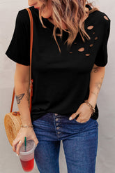 Camiseta de algodón mezclada con cuello redondo negro