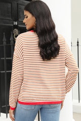 Brown sweater with dropped shoulders and stripes with contrasting edges