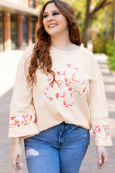 Plus Size Beige Floral Patch Side Slit Crew Neck Top
