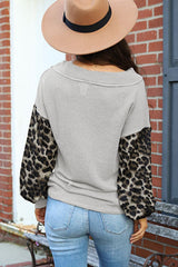 Bright Red Wild Leopard Contrast Sleeve Color Block Waffle Knit Top