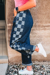 Pantalon en denim ample à carreaux bleu voile avec panneau latéral et cordon de serrage