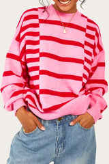 Pink striped sweater and bubble sleeves, drooping shoulders, ribbed border