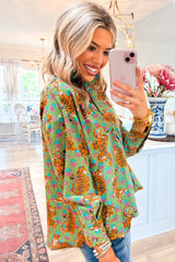 Chemise décontractée à col en V et imprimé floral tigre vert-A WOMAN WE LOVE