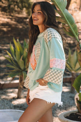 Haut large à manches longues Clearly Aqua Plaid Floral Peace Heart Graphic