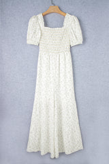 Combinaison blanche à manches courtes bouffantes et smockée à fleurs style bohème-A WOMAN WE LOVE