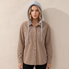 Pale khaki corduroy jacket with hood and drawstring pockets