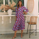Long -sleeved dress long and abstract geometric print