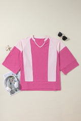 Hot Pink Textured Oversized Top with 3/4 Sleeves and Color Block