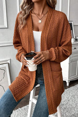 Cardigan ouvert sur le devant en tricot texturé châtain avec poches latérales-A WOMAN WE LOVE