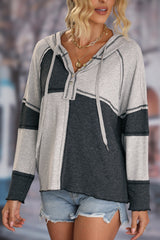 Grey Color Block Ribbed Henley Hoodie with Stitching