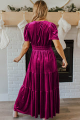 Red Dahlia Velvet Maxi Dress with Short Sleeves and Tiered Ruched Waist