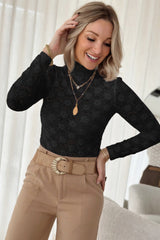 Black long sleeve floral lace mock neck top