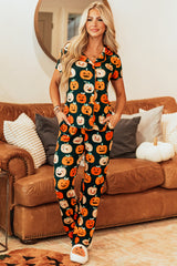 Ensemble pyjama chemise à manches courtes à motif d'Halloween orange-A WOMAN WE LOVE