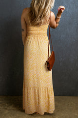 Long yellow flower dress, smocked, high waist, with ruffles