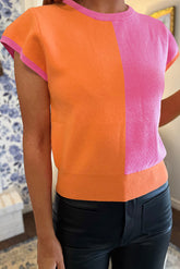High Sweater with short sleeves in knitting color block flamingo 2 tones
