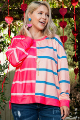 Plus Size Pink Striped Crew Neck Long Sleeve T-Shirt