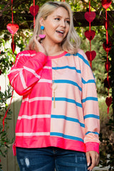 Plus Size Pink Striped Crew Neck Long Sleeve T-Shirt
