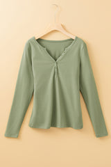 Laurel Green - Slim Fit Long Sleeve V-Neck Top with Buttons