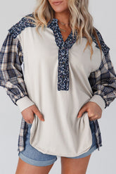 Blue floral plaid and mixed print patchwork top with bishop sleeves