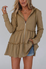 Khaki hooded jacket with ruffles and ruffles with tightening cord