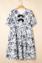 Robe mi-longue noire à imprimé floral et manches bouffantes, grande taille, avec nœud