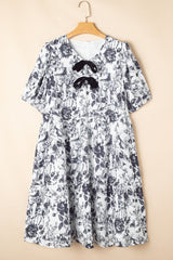 Robe mi-longue noire à imprimé floral et manches bouffantes, grande taille, avec nœud