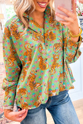 Chemise décontractée à col en V et imprimé floral tigre vert-A WOMAN WE LOVE