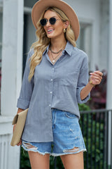 Chemise à manches longues texturée bleue avec poche boutonnée-A WOMAN WE LOVE