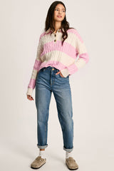 Pink Striped Cable Knit Henley Sweater