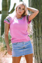 Round neck sweater and short -printed prints contrasting bright pink