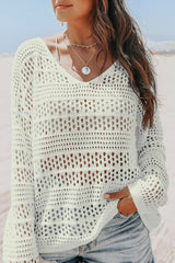 Pull blanc à col en V et crochet ajouré *