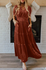 Chestnut velvet maxi dress with short sleeves and tiered gathered waist