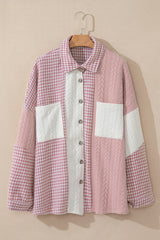 Pink Houndstooth Color Contrast Textured Patchwork Loose Jacket