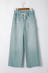 High Waisted Wide Leg Jeans with Drawstring and Smoke Green Mineral Wash