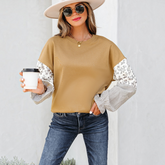 Sweat-shirt col rond camel imprimé floral et rayé à manches volantées