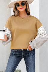 Sweat-shirt col rond camel imprimé floral et rayé à manches volantées