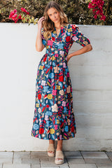 Robe longue verte rétro à imprimé floral et col fendu