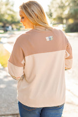 Haut grande taille beige Henley à carreaux et effet superposé