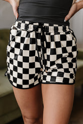 Black Plaid Casual Shorts with Drawstring and Elastic Waist