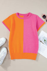 Haut pull à manches courtes en tricot color block Flamingo 2 tons