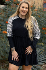 Striped black dress with ruffles and large leopard patch patch sleeves