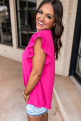 Blouse rouge rose à manches volantées et col cranté-A WOMAN WE LOVE