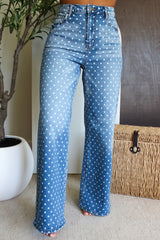 Sky Blue Polka Dot High Waist Shift Jeans