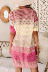 Cardigan tricoté à œillets ombré à manches courtes et côtelé rose-A WOMAN WE LOVE