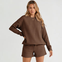 Brown Textured Long Sleeve Top and Drawstring Shorts Set
