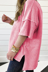 Strawberry Pink Mineral Wash Drop Sleeve Patchwork T-Shirt